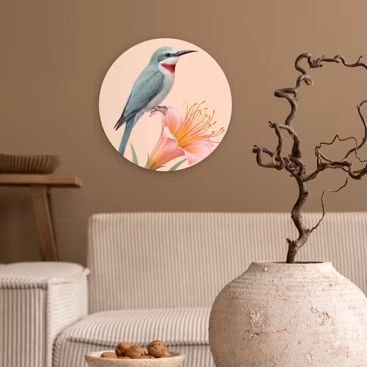Vogel - Bloem - Natuur - Roze Wandcirkel kunststof plaat 5mm dik klein -sfeer1