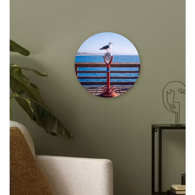 Vogel - Verrekijker - Kust - Zee - Blauw Wandcirkel kunststof plaat 5mm dik klein -sfeer3