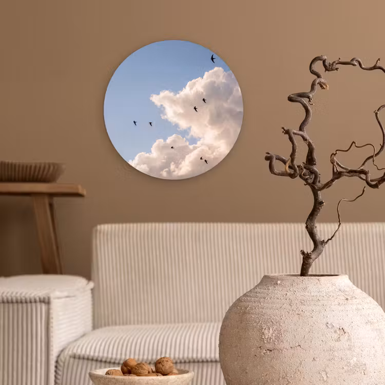 Vogel - Vlucht - Wolken - Natuur - Blauw Wandcirkel kunststof plaat 5mm dik klein -sfeer1