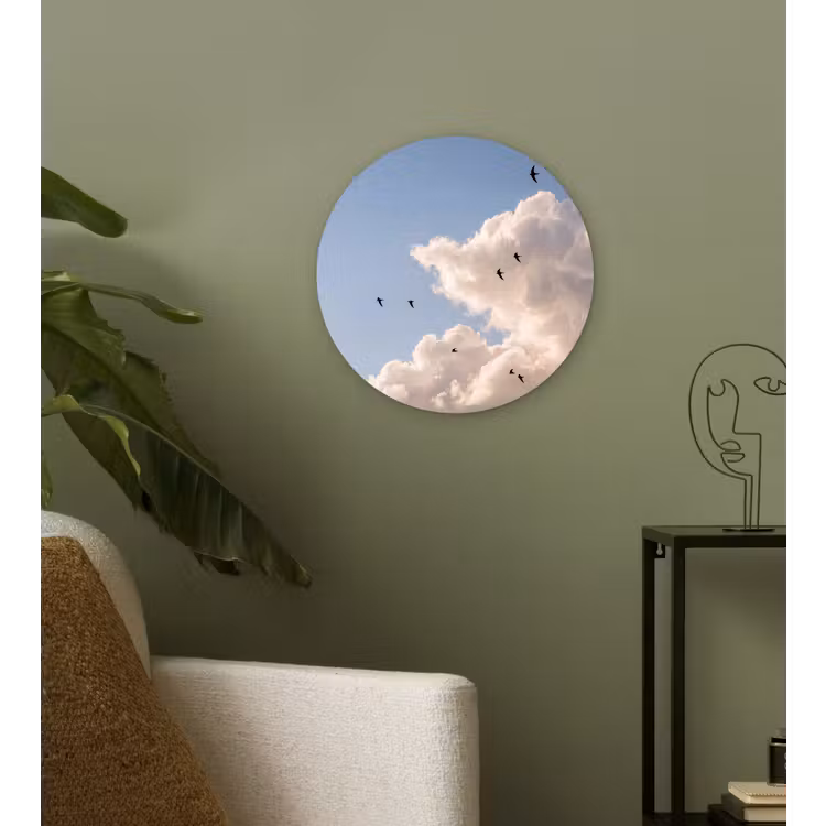 Vogel - Vlucht - Wolken - Natuur - Blauw Wandcirkel kunststof plaat 5mm dik klein -sfeer3