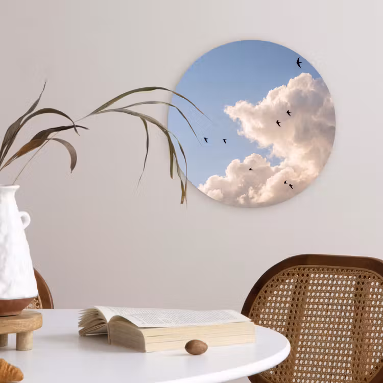 Vogel - Vlucht - Wolken - Natuur - Blauw Wandcirkel kunststof plaat 5mm dik klein -sfeer4
