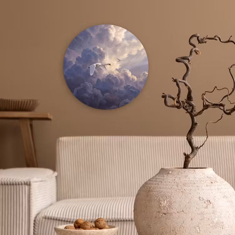 Vogel - Vliegend - Natuur - Wit - Wolken Wandcirkel kunststof plaat 5mm dik klein -sfeer1
