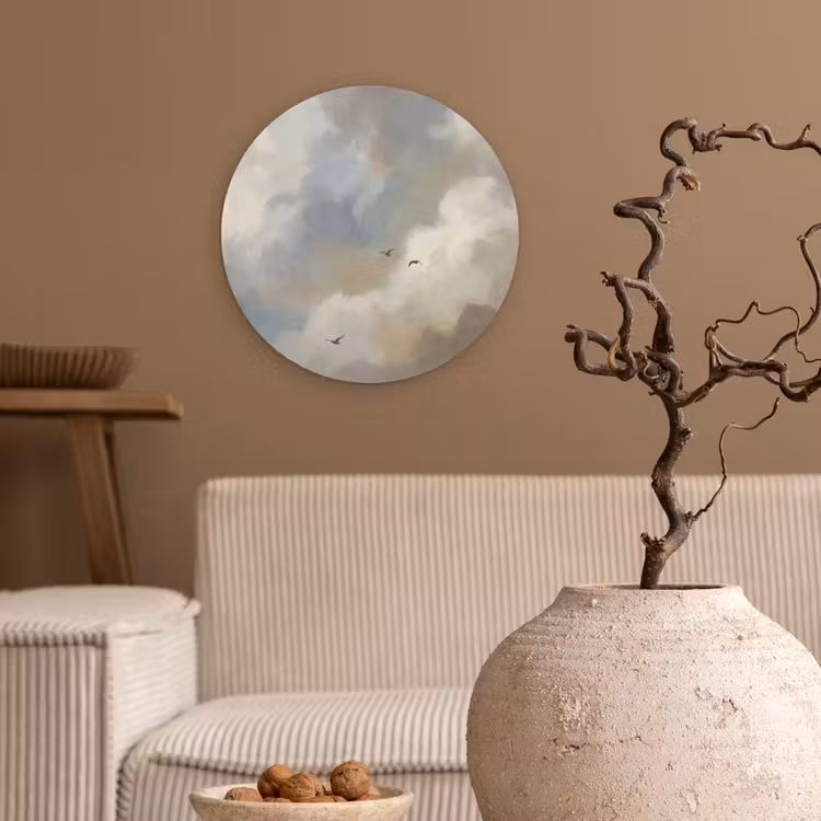 Vogel - Wolken - Natuur - Modern - Grijs Wandcirkel kunststof plaat 5mm dik klein -sfeer1