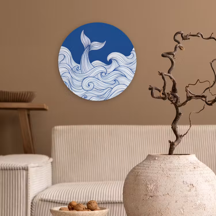 Walvis - Staart - Golven - Lijntekening - Blauw Wandcirkel kunststof plaat 5mm dik klein -sfeer1