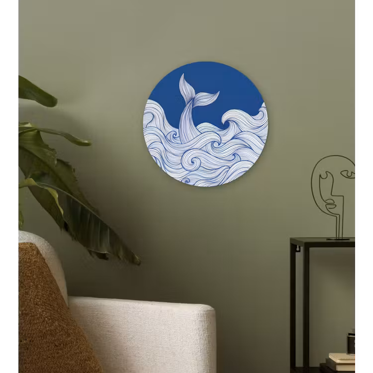 Walvis - Staart - Golven - Lijntekening - Blauw Wandcirkel kunststof plaat 5mm dik klein -sfeer3
