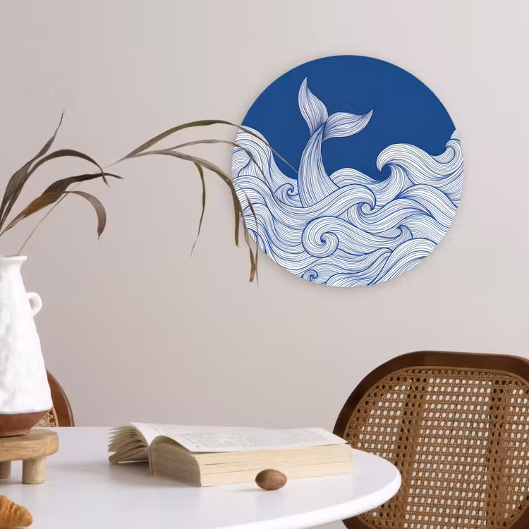 Walvis - Staart - Golven - Lijntekening - Blauw Wandcirkel kunststof plaat 5mm dik klein -sfeer4
