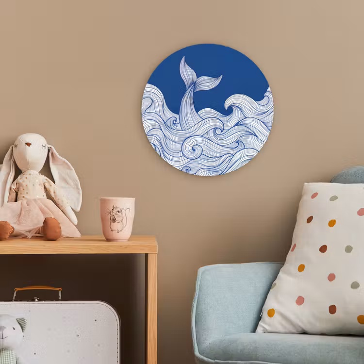 Walvis - Staart - Golven - Lijntekening - Blauw Wandcirkel kunststof plaat 5mm dik klein -tsfeer1_kind