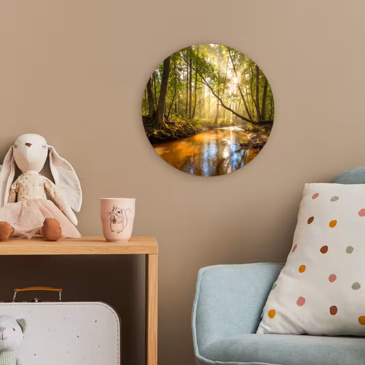 Bos - Beek - Zonlicht - Natuur - Groen Wandcirkel kunststof plaat 5mm dik klein -tsfeer1_kind