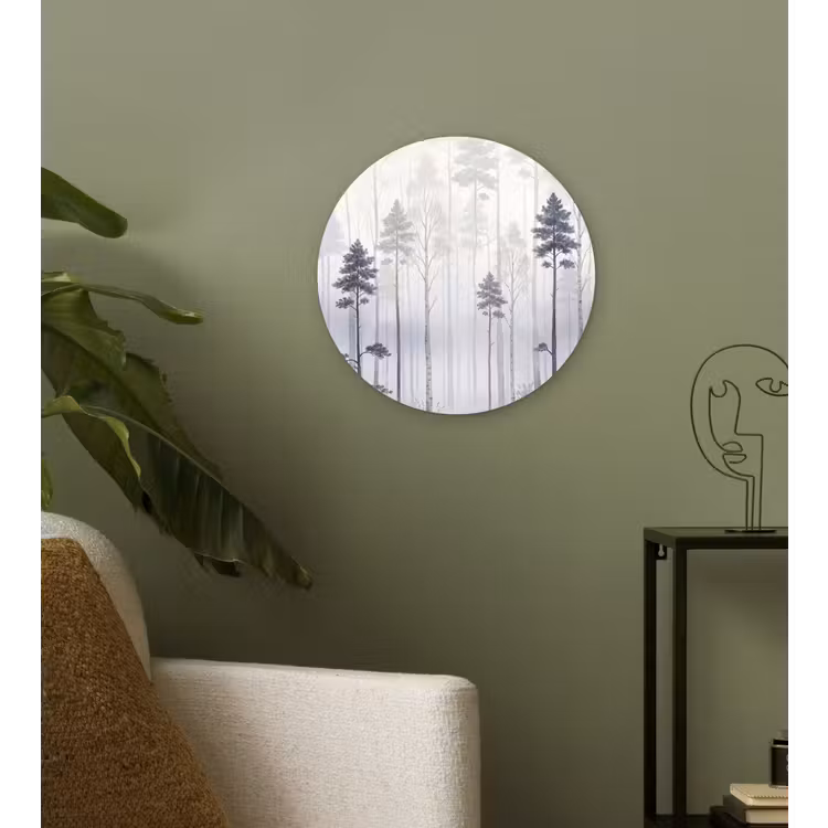 Bos - Bomen - Mist - Natuur - Illustratie - Grijs Wandcirkel kunststof plaat 5mm dik klein -sfeer3