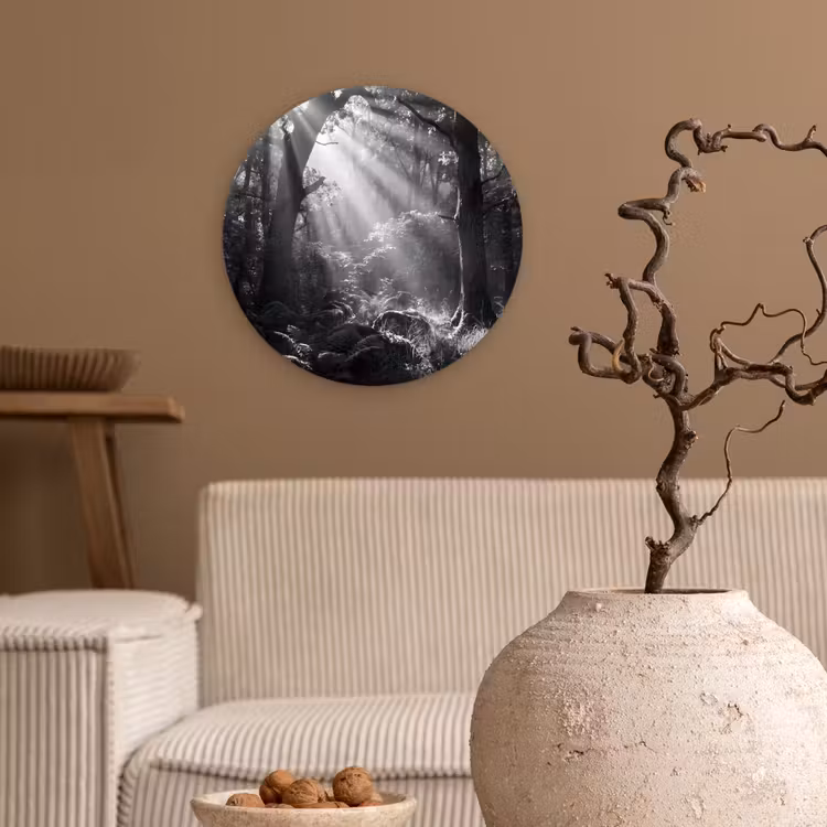 Bos - Lichtstralen - Natuur - Zwart-wit Wandcirkel kunststof plaat 5mm dik klein -sfeer1