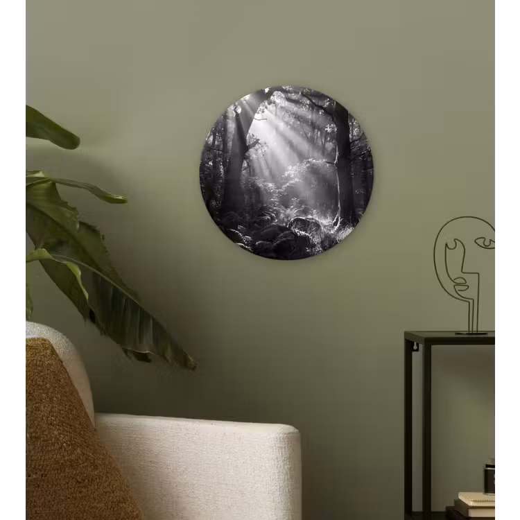 Bos - Lichtstralen - Natuur - Zwart-wit Wandcirkel kunststof plaat 5mm dik klein -sfeer3