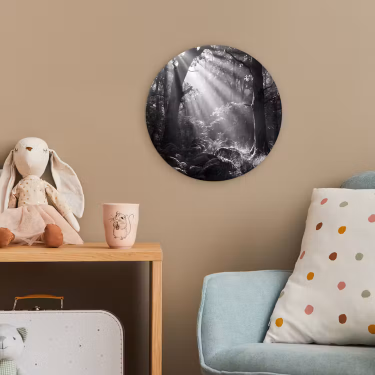 Bos - Lichtstralen - Natuur - Zwart-wit Wandcirkel kunststof plaat 5mm dik klein -tsfeer1_kind
