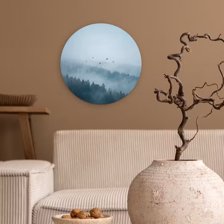 Bos - Mist - Vogels - Natuur - Groen Wandcirkel kunststof plaat 5mm dik klein -sfeer1