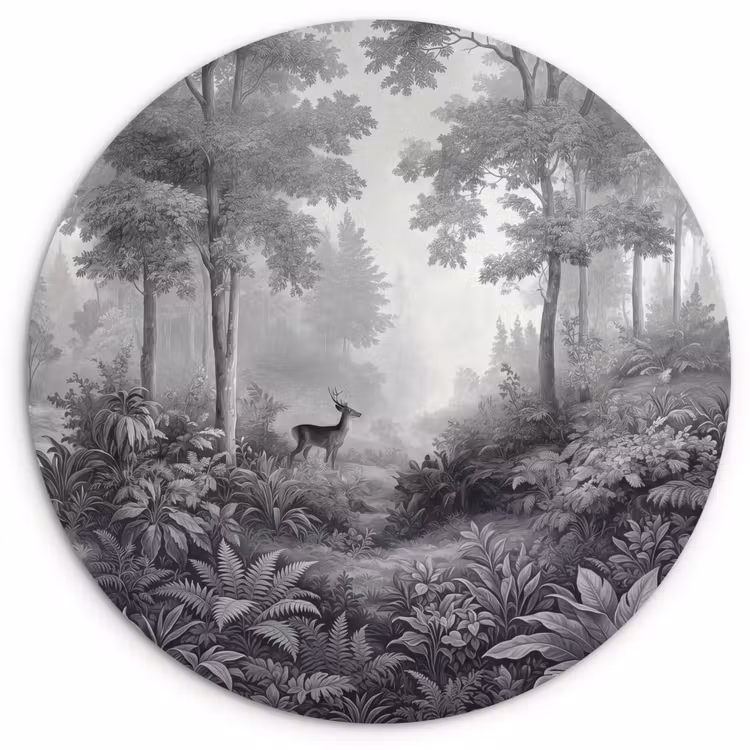 Bos - Hert - Zwart - Wit Wandcirkel kunststof plaat 5mm dik klein -3d