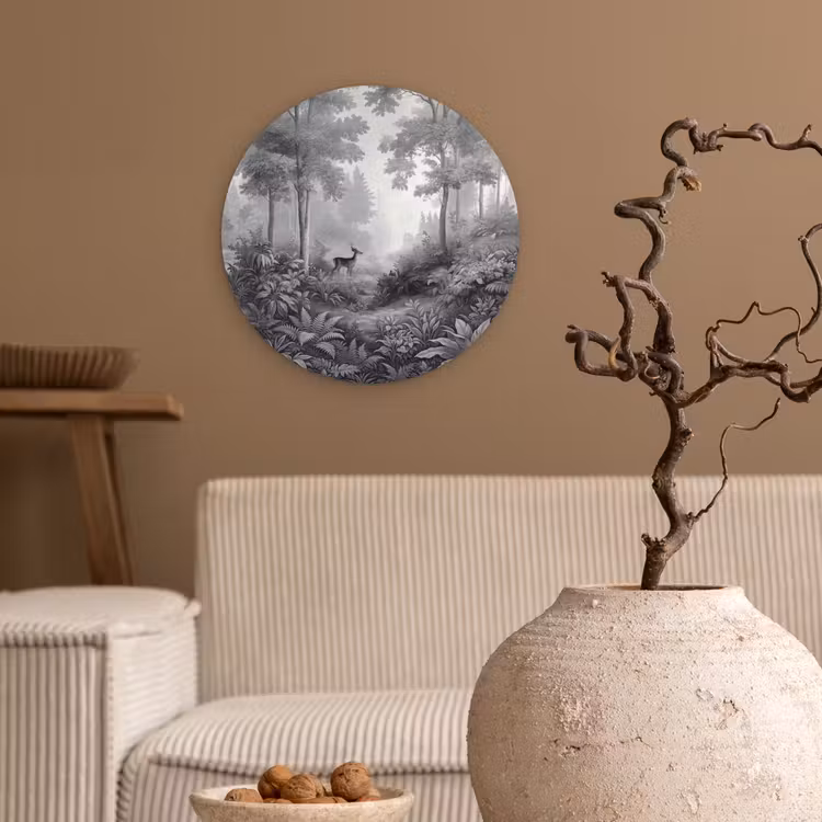 Bos - Hert - Zwart - Wit Wandcirkel kunststof plaat 5mm dik klein -sfeer1