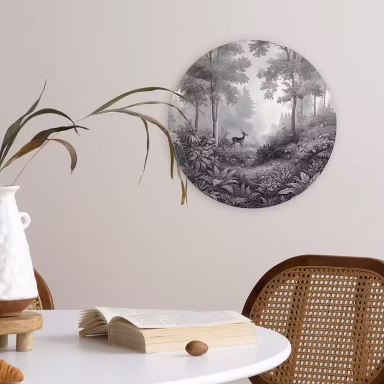 Bos - Hert - Zwart - Wit Wandcirkel kunststof plaat 5mm dik klein -sfeer4