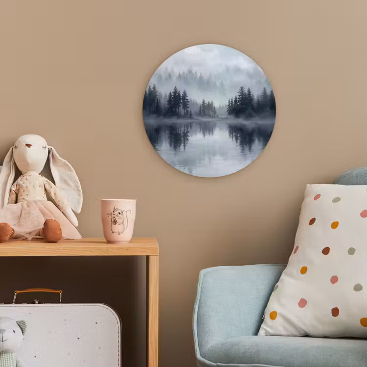 Bos - Meer - Mist - Natuur - Grijs Wandcirkel kunststof plaat 5mm dik klein -tsfeer1_kind