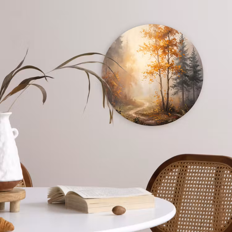 Bospad - Herfstbladeren - Natuur - Schilderachtig - Oranje Wandcirkel kunststof plaat 5mm dik klein -sfeer4