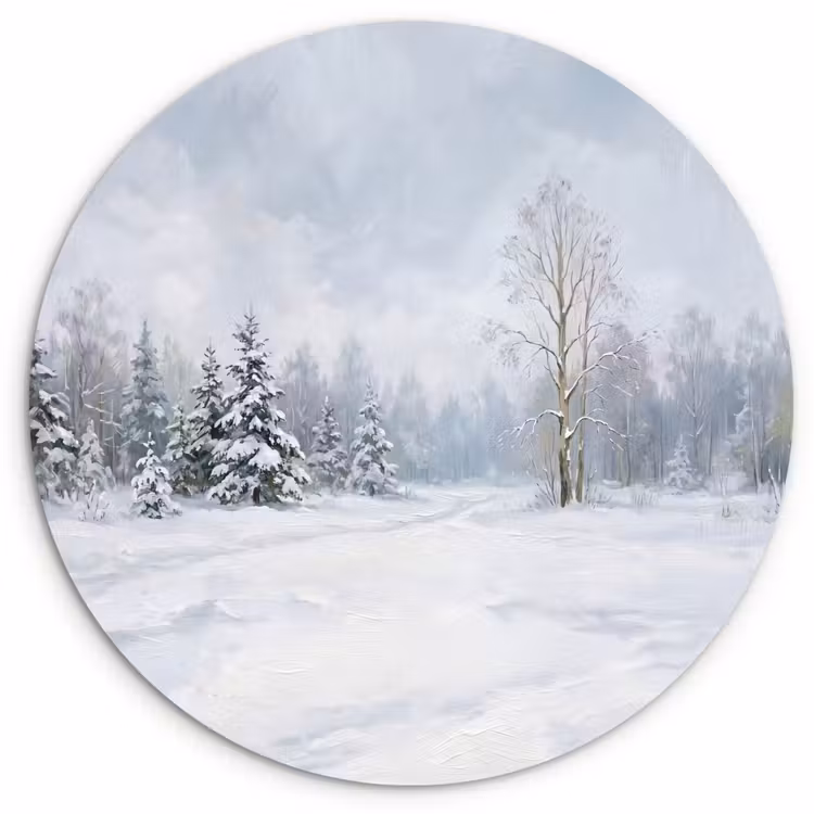 Bospad - Dennen - Sneeuw - Winter - Rustgevend Wandcirkel kunststof plaat 5mm dik klein -3d