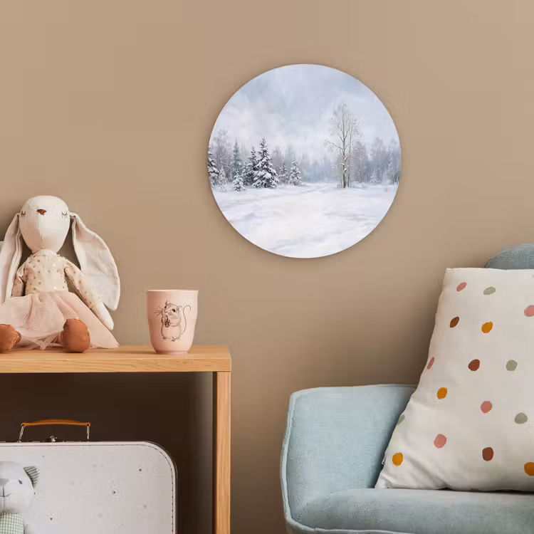 Bospad - Dennen - Sneeuw - Winter - Rustgevend Wandcirkel kunststof plaat 5mm dik klein -tsfeer1_kind