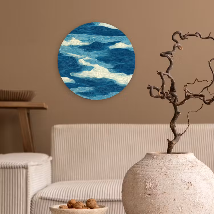 Golven - Abstract - Patroon - Blauw - Wit Wandcirkel kunststof plaat 5mm dik klein 188 -sfeer1