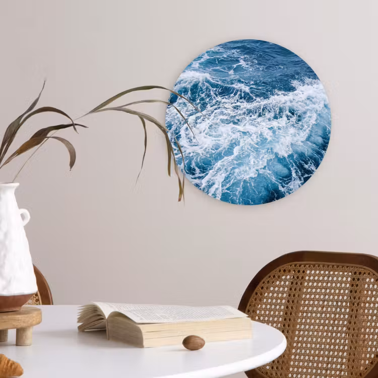 Golven - Oceaan - Blauw Wandcirkel kunststof plaat 5mm dik klein -sfeer4