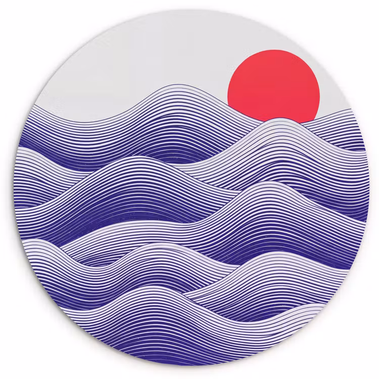 Golven - Zon - Natuur - Abstract - Rood Wandcirkel kunststof plaat 5mm dik klein -3d