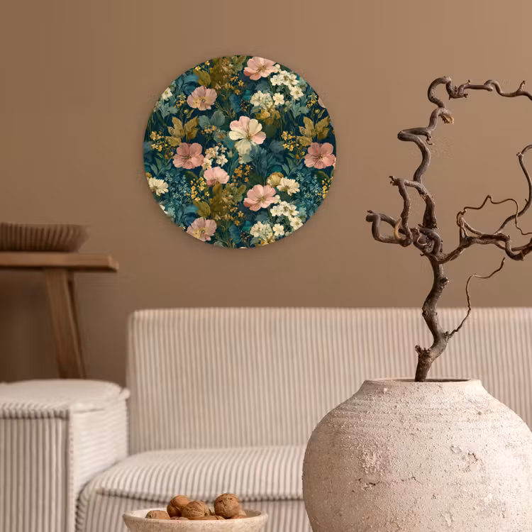 Wilde bloemen - Botanisch - Patroon - Roze - Romantisch Wandcirkel kunststof plaat 5mm dik klein 188 -sfeer1