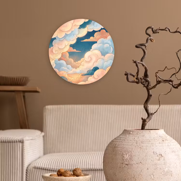 Wolk - Lucht - Natuur - Illustratief - Oranje Wandcirkel kunststof plaat 5mm dik klein -sfeer1