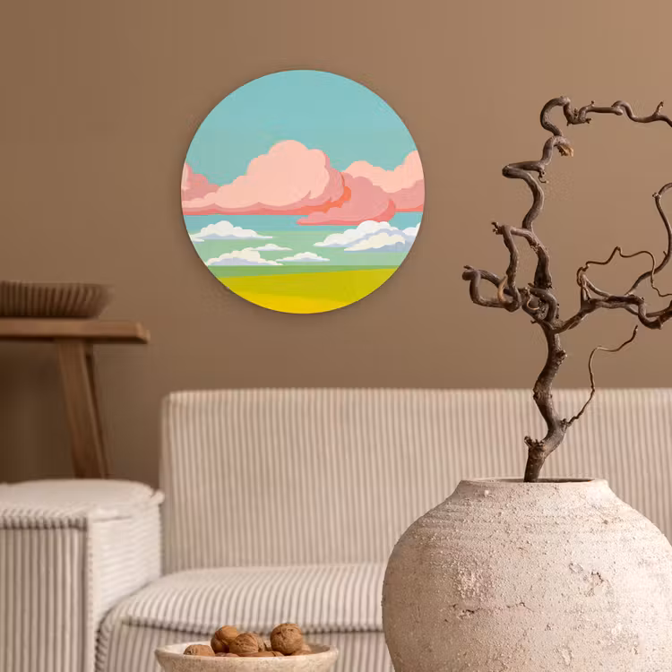 Wolken - Roze - Natuur - Modern - Pastel Wandcirkel kunststof plaat 5mm dik klein -sfeer1