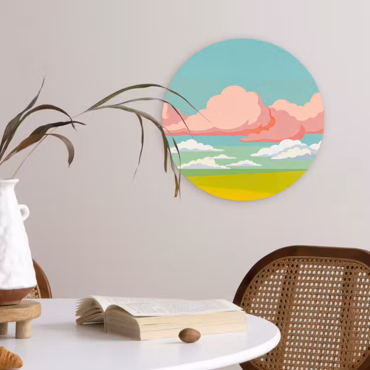 Wolken - Roze - Natuur - Modern - Pastel Wandcirkel kunststof plaat 5mm dik klein -sfeer4