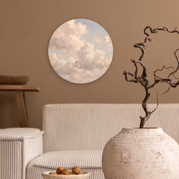 Wolken - Zacht - Natuur - Klassiek - Beige Wandcirkel kunststof plaat 5mm dik klein -sfeer1