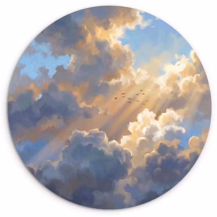 Wolken - Zonnestralen - Natuur - Abstract - Blauw Wandcirkel kunststof plaat 5mm dik klein -3d