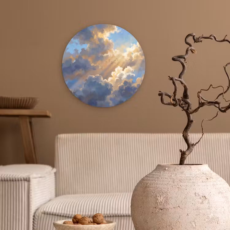 Wolken - Zonnestralen - Natuur - Abstract - Blauw Wandcirkel kunststof plaat 5mm dik klein -sfeer1