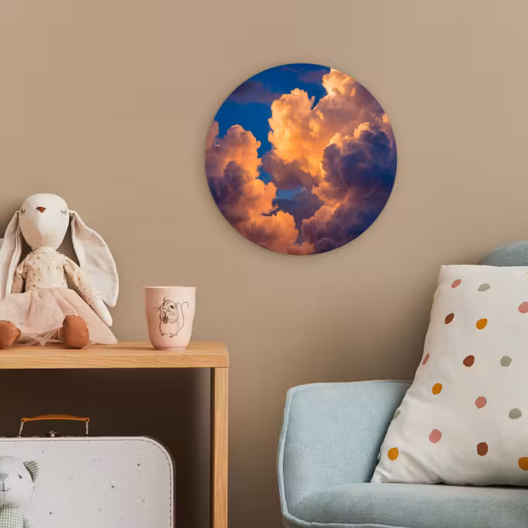 Wolken - Zonsondergang - Natuur - Oranje - Blauw Wandcirkel kunststof plaat 5mm dik klein -tsfeer1_kind