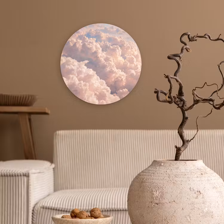 Wolken - Zonsondergang - Natuur - Pastel - Roze Wandcirkel kunststof plaat 5mm dik klein -sfeer1