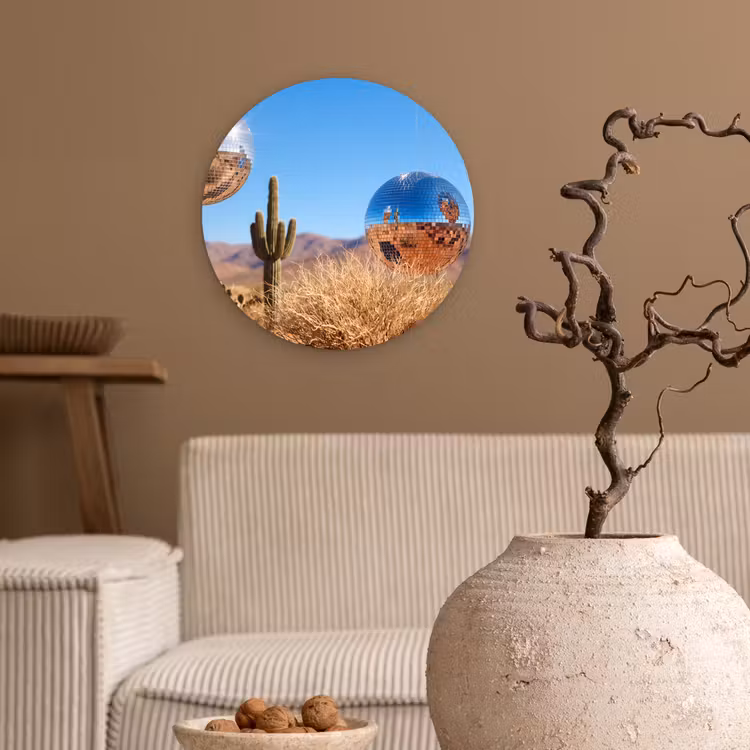 Forexbild Rund - Wüste – Spiegelkugel – Kunst - Woestijn - Spiegelbal - Kunst Wandcirkel kunststof plaat 5mm dik klein