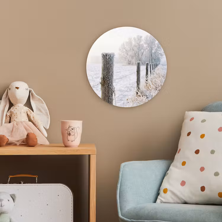 Hek - Sneeuw - Mist - Platteland - Nostalgisch Wandcirkel kunststof plaat 5mm dik klein -tsfeer1_kind