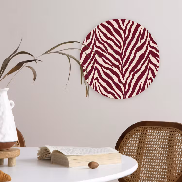 Zebra - Motief - Bordeaux - Rood Wandcirkel kunststof plaat 5mm dik klein 188 -sfeer4