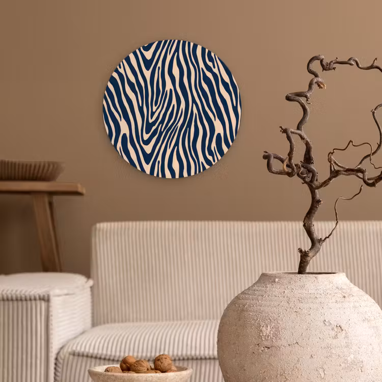 Zebra - Patroon - Blauw - Beige Wandcirkel kunststof plaat 5mm dik klein 188 -sfeer1