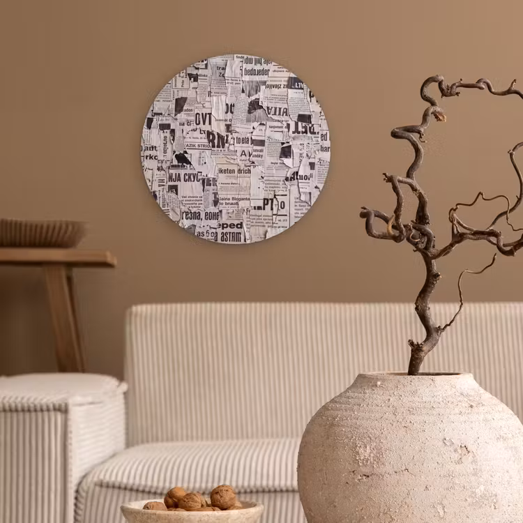 Krant - Gescheurd - Textuur - Abstract - Zwart-wit Wandcirkel kunststof plaat 5mm dik klein -sfeer1