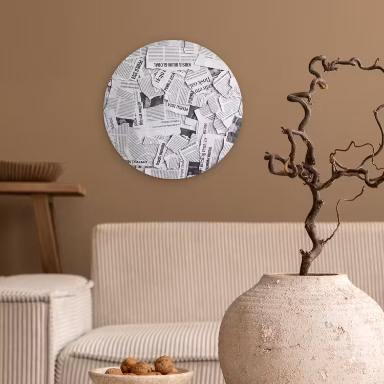 Krant - Versnipperd - Textuur - Zwart-wit - Abstract Wandcirkel kunststof plaat 5mm dik klein -sfeer1