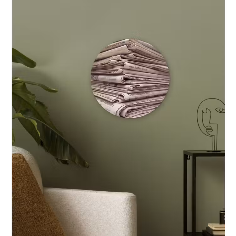 Kranten - Stapel - Nieuws - Vintage - Beige Wandcirkel kunststof plaat 5mm dik klein -sfeer3