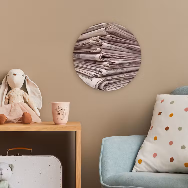 Kranten - Stapel - Nieuws - Vintage - Beige Wandcirkel kunststof plaat 5mm dik klein -tsfeer1_kind