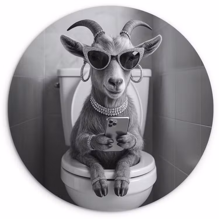 Geit - Telefoon - Toilet - Zwart - Wit Wandcirkel kunststof plaat 5mm dik klein -3d
