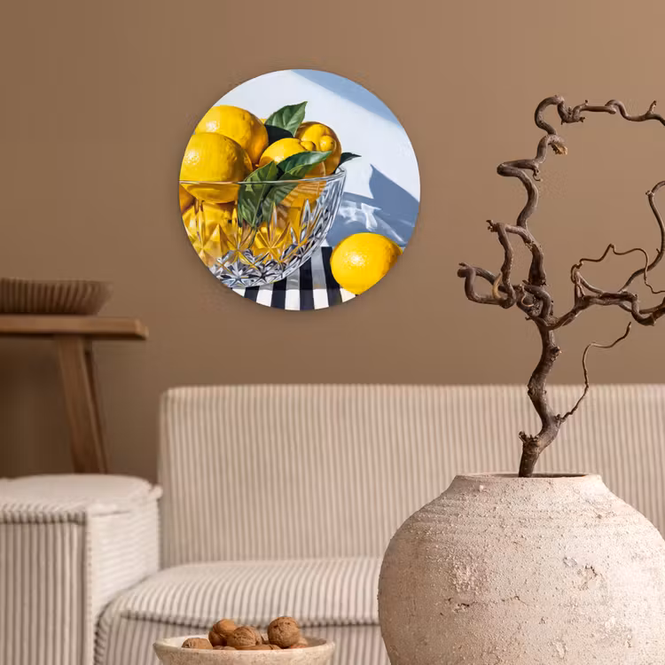 Forexbild Rund - Zitronen – Obst – Gelb - Citroenen - Fruit - Geel Wandcirkel kunststof plaat 5mm dik klein
