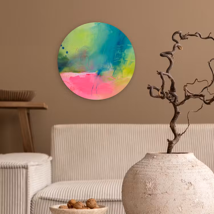 Abstract - Kleuren - Modern - Groen - Roze Wandcirkel kunststof plaat 5mm dik klein -sfeer1