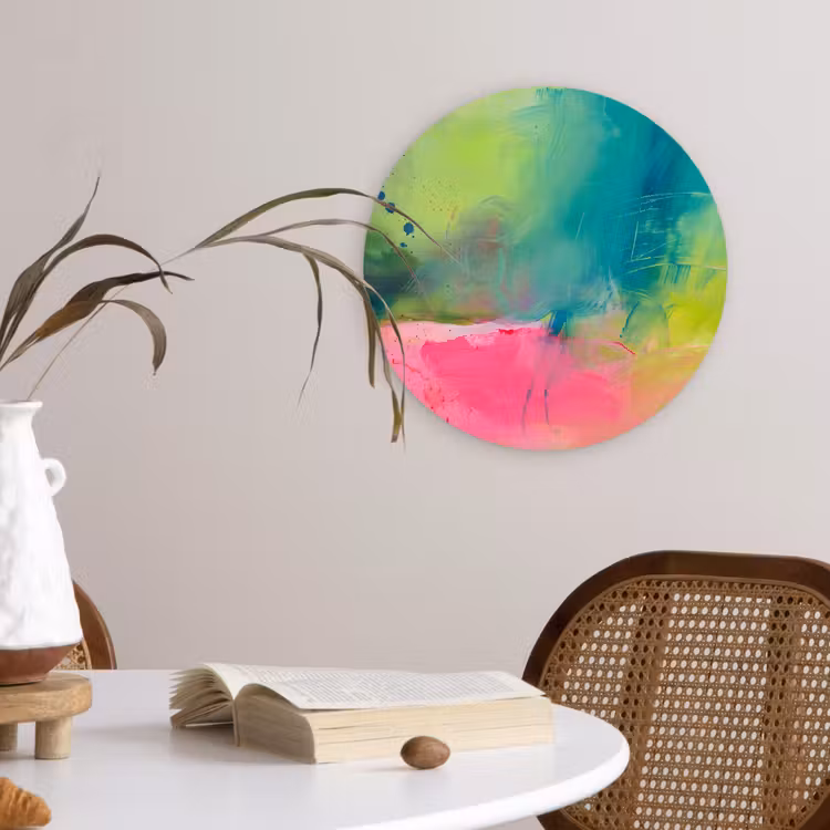 Abstract - Kleuren - Modern - Groen - Roze Wandcirkel kunststof plaat 5mm dik klein -sfeer4