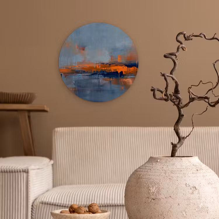 Abstract - Kleuren - Modern - Oranje - Grijs Wandcirkel kunststof plaat 5mm dik klein -sfeer1
