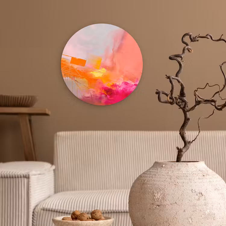 Abstract - Kleurrijk - Modern - Roze Wandcirkel kunststof plaat 5mm dik klein -sfeer1